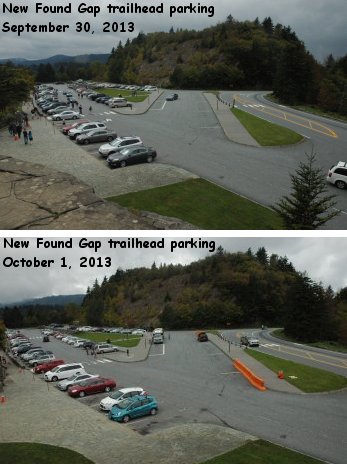 Trailhead parking at New Found Gap, before and after the shutdown