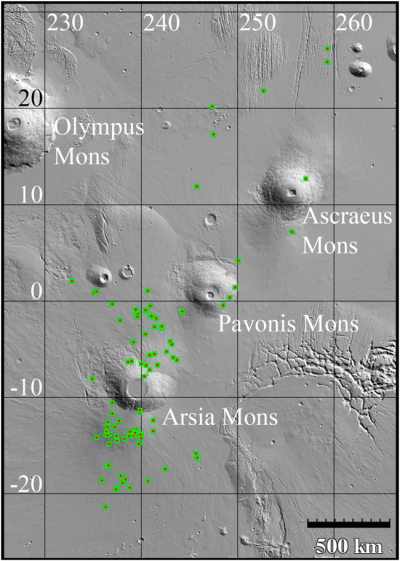 Distribution of cave pits around Arsia Mons