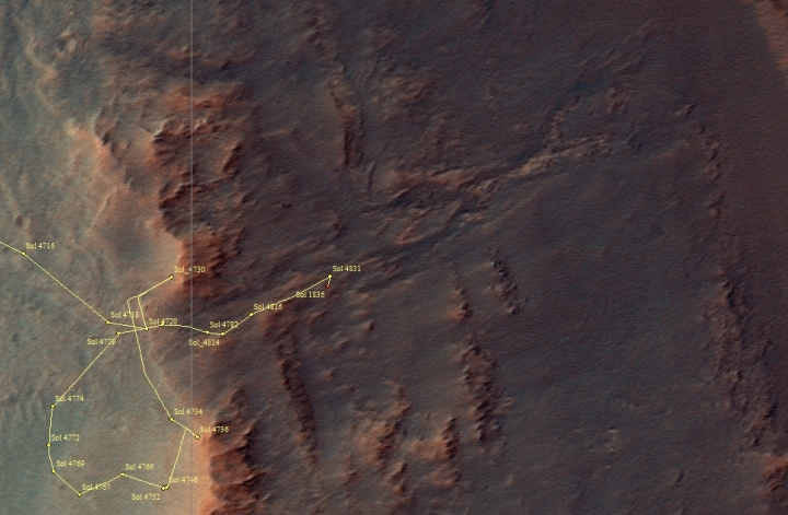 Opportunity's location in Perserverance Valley, Sol 4836