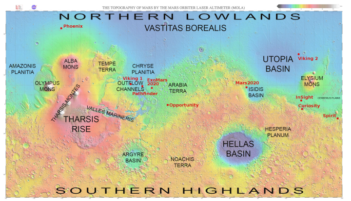 Mars global map showing major features and lander/rover landing sites