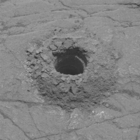 Curiosity drill hole in clay unit on slopes of Mount Sharp