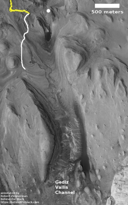 Gediz Vallis, with Curiosity's path indicated