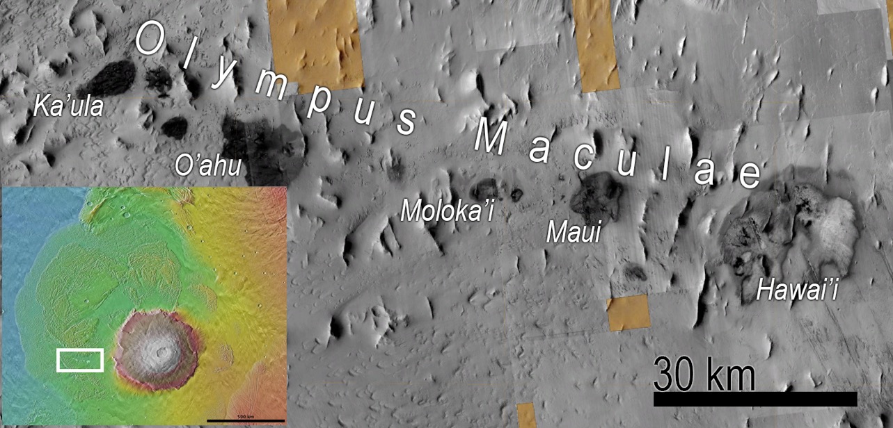 Olympus Maculae, land of dark splotches