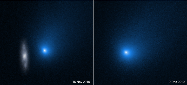 Comet 2I/Borisov taken by Hubble prior to and at its closest approach to Sun