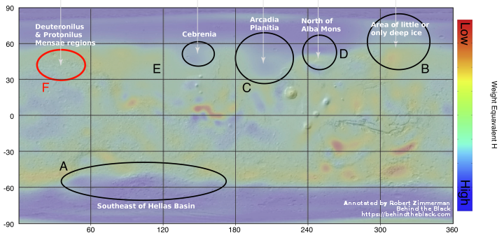 Regions of shallow ice on Mars