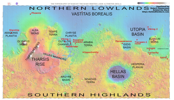 Global map of Mars with all landers/rovers indicated