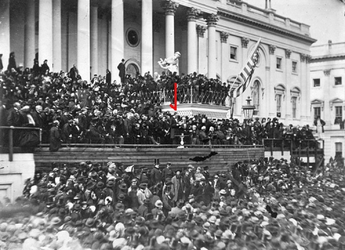 Abraham Lincoln surrounded by crowds at 2nd inauguration