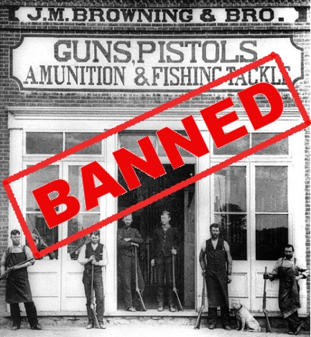 Browning Brothers gun shop, Ogden, Utah Territory, 1882. From left to right: Thomas Samuel Browning, George Emmett Browning, John Moses Browning, Matthew Sandefur Browning, Jonathan Edmund Browning, and Frank Rushton 