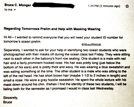 Monger email asking students to snitch on others