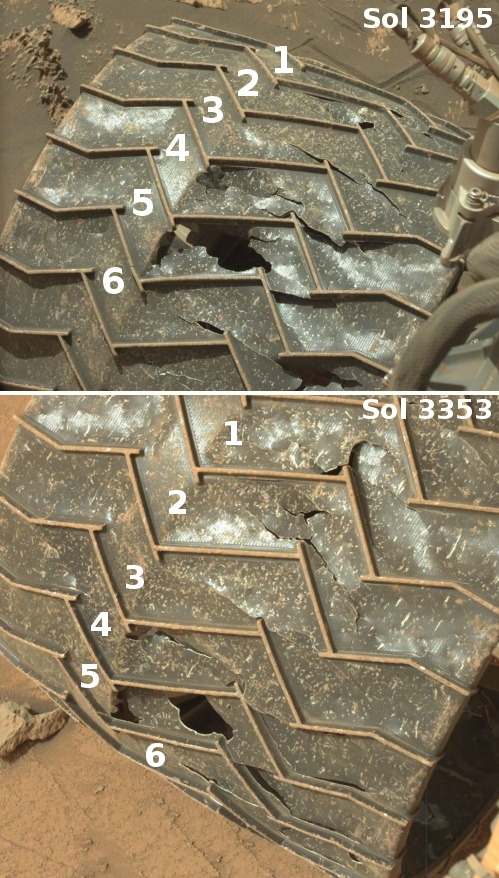 Wheel comparison on Curiosity after five months of rough travel