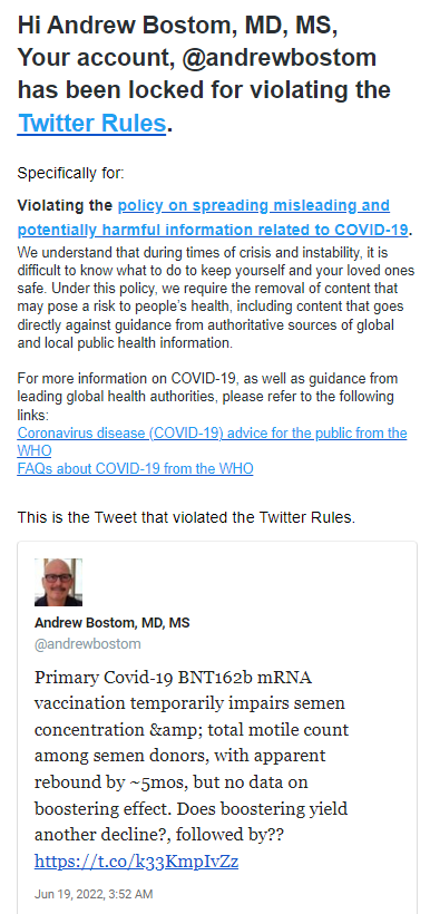 Twitter's ban of Bostom's tweet