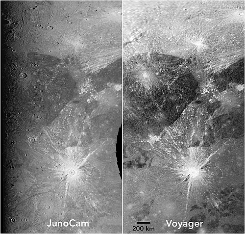 Ganymede compared between Voyager-1 and Juno