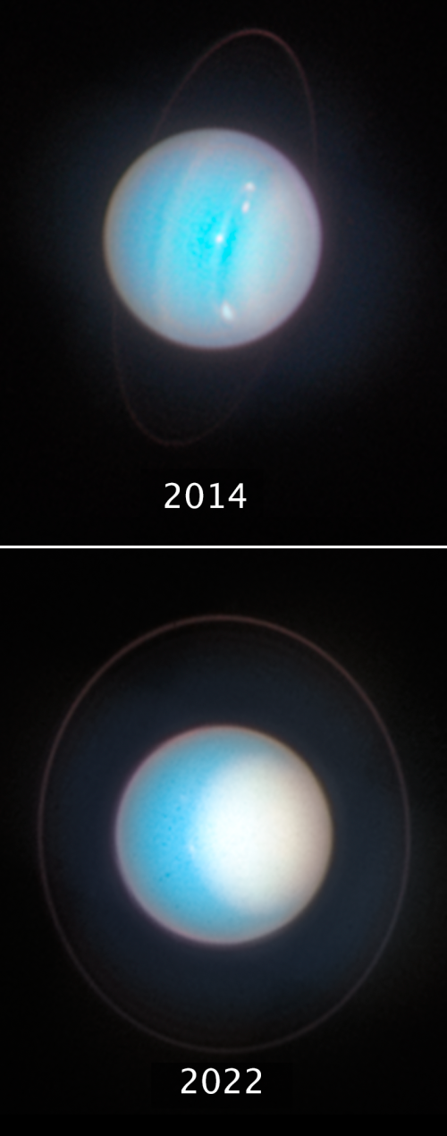 Uranus as seen by Hubble in 2014 and 2022