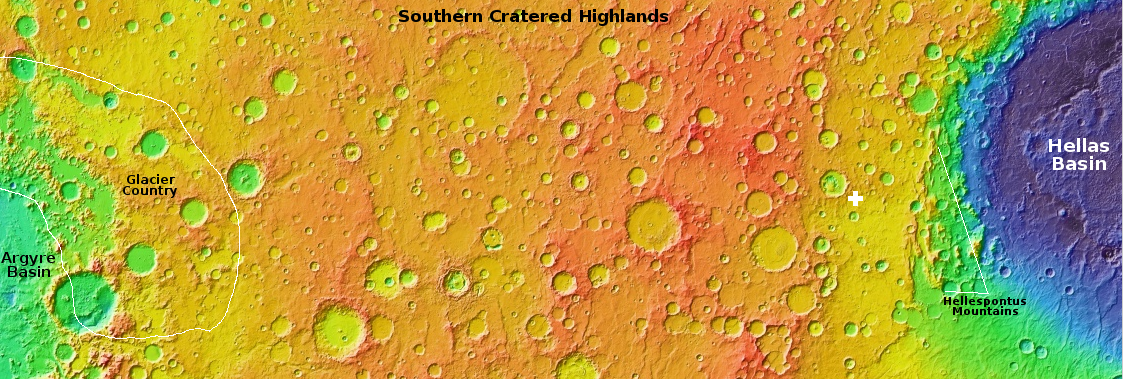 Overview map of southern cratered highlands of Mars