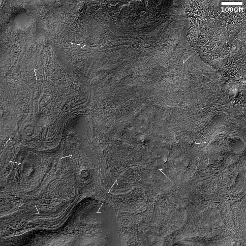 Swirls draining into a Martian crater