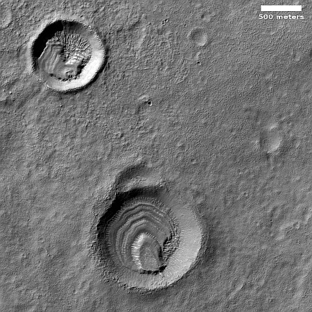 Layered glaciers in two small Martian craters