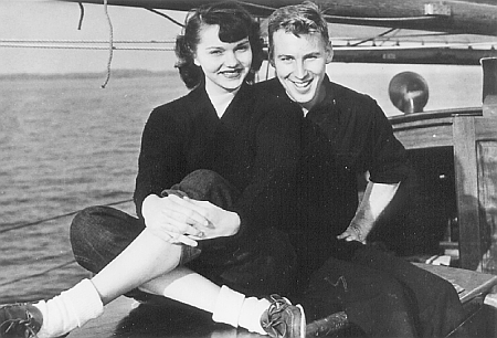 Marilyn Gerlach and Jim Lovell on board the U.S. Navy sailboat Freedom, 1950