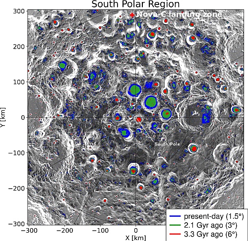 Map of Moon's south pole, with permanently shadowed regions indicated