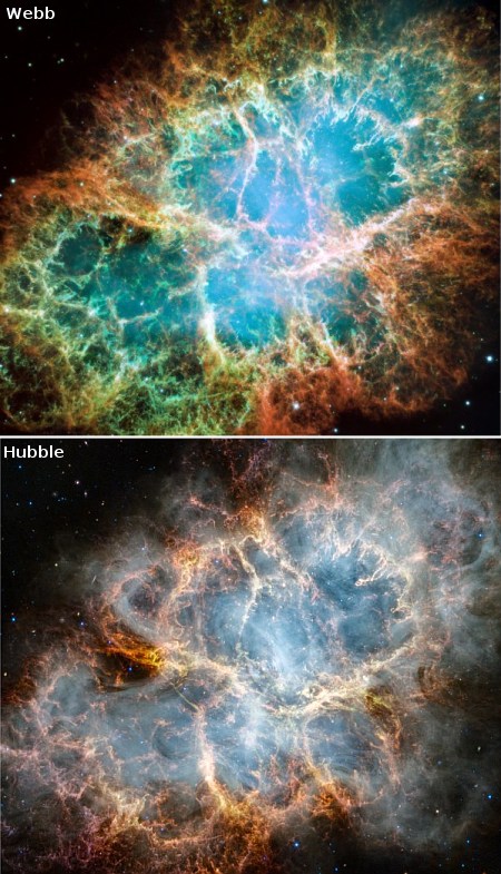 Webb's image of the Crabb compared to Hubble's