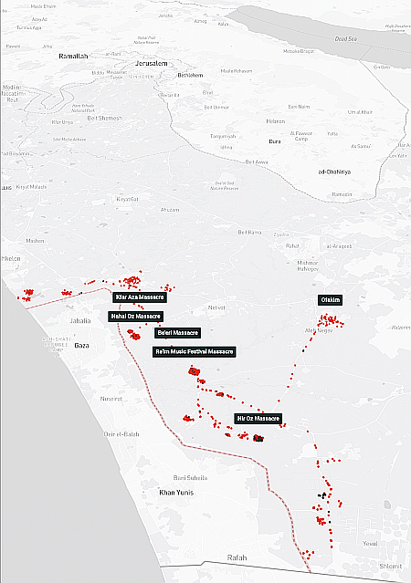 Map of Hamas massacres on October 7, 2023