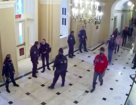 Matthew Perna, with others walking peaceably in the Capitol, with security guards watching