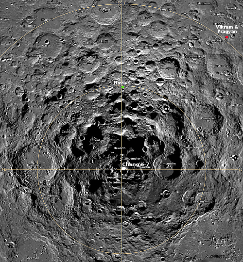 The Moon's south pole, with landers