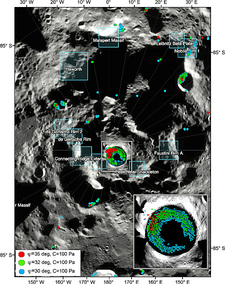 Map of lunar south pole showing areas of instability