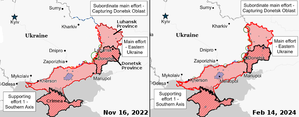 Comparing the front lines in the Ukraine from September 2023 to February 2024