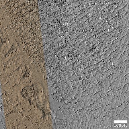 Patches of volcanic Martian ash over frozen volcanic dunes
