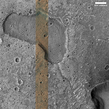 Flat tadpole depression in ancient Martian crater