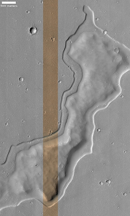 The edge of a vast frozen lava sea on Mars