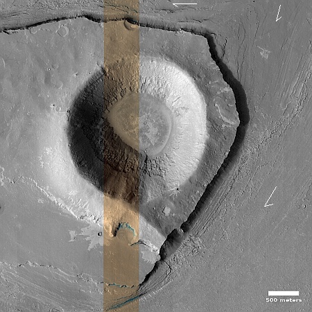 A Martian lava flow so strong it eats mountains