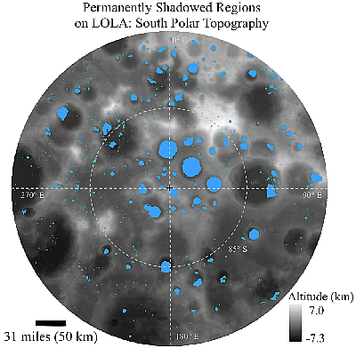 Map of permanently shadowed regions at the Moon's south pole