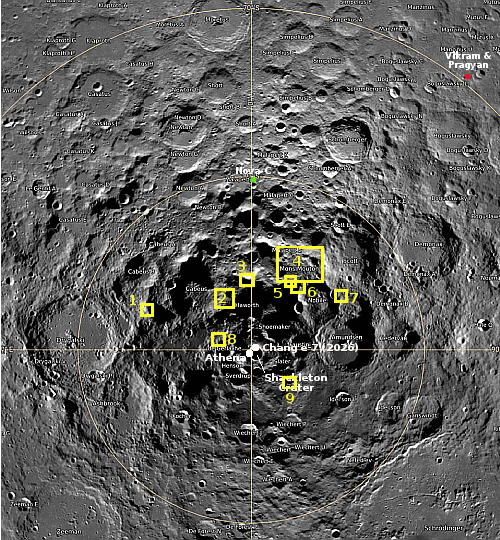 The Moon's south pole, with candidate landing sites