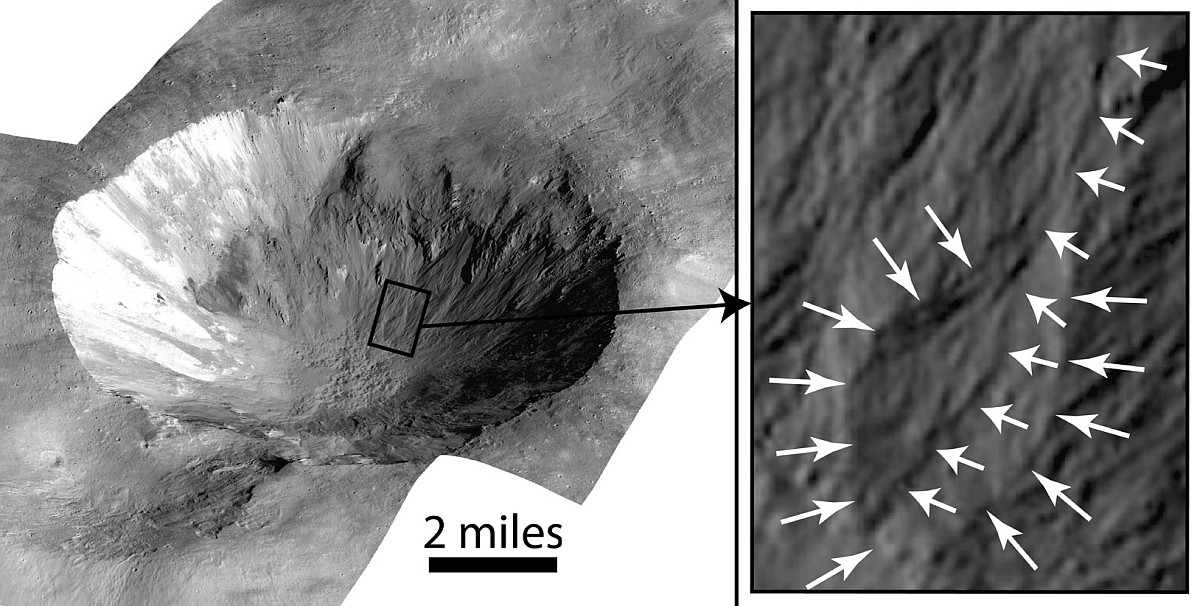 Gullies in crater on Vesta