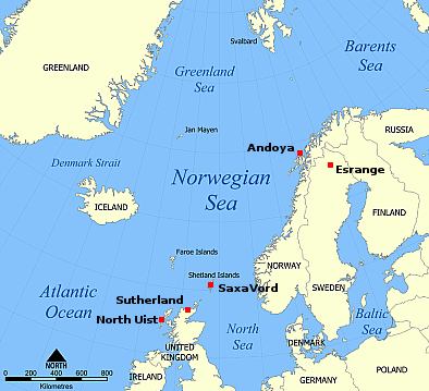 Map of spaceports surrounding Norwegian Sea