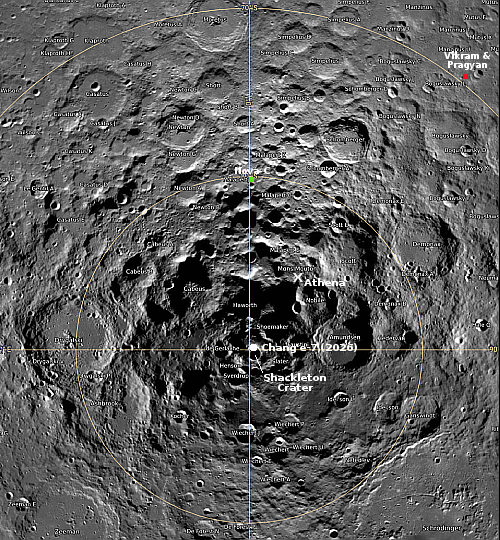 The Moon's South Pole with landers indicated