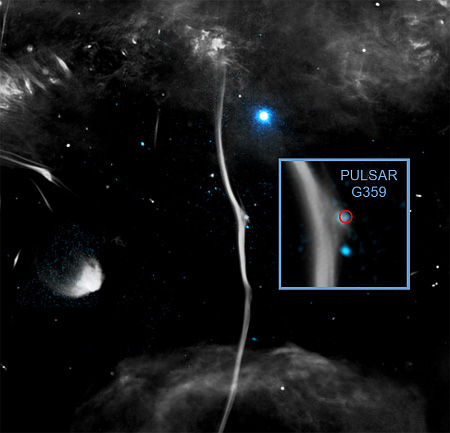 A giant galactic filament disturbed by a pulsar