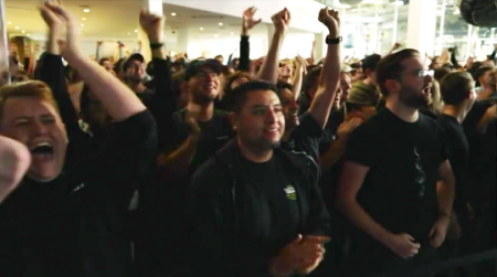 SpaceX employees cheering the first chopstick capture of Superheavy
