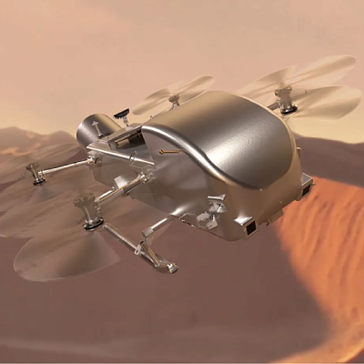 Artist rendering of Dragonfly soaring over Titan's surface