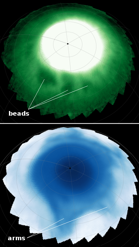 Beads and arms in Saturn's upper atmosphere