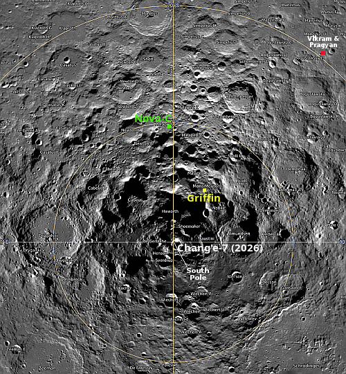 Moon's south pole, with landers indicated