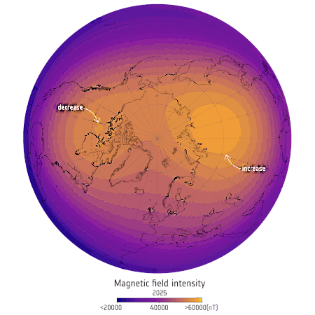Changes in the magnetic field over the northern hemisphere