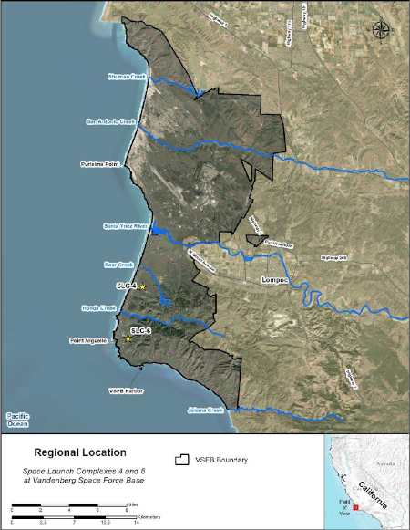Map of Vandenberg Space Force Base, showing SpaceX's two launchpads