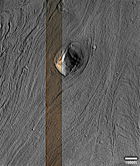 Martian glacier flowing past small peak