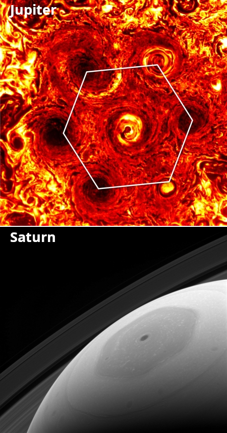 The different polar vortexes of Jupiter and Saturn