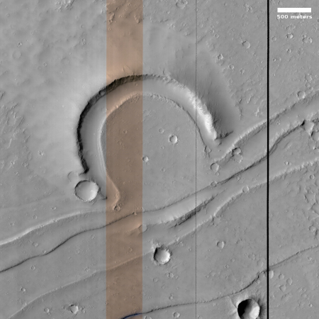 A Martian crater broken by flowing lava