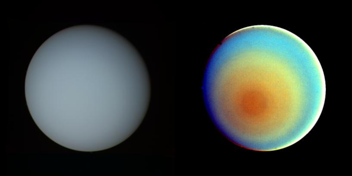 Uranus as seen by Voyager-2, natural colors on left, false color on right
