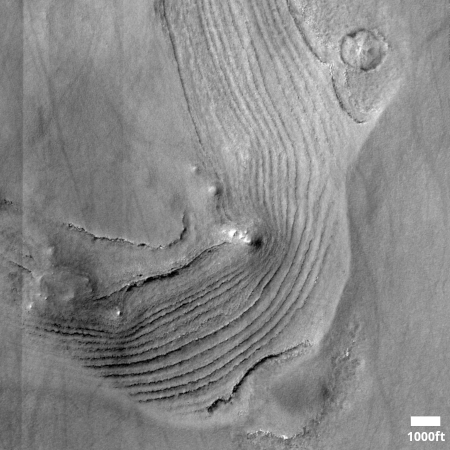 An outcrop of many parallel layers on Mars
