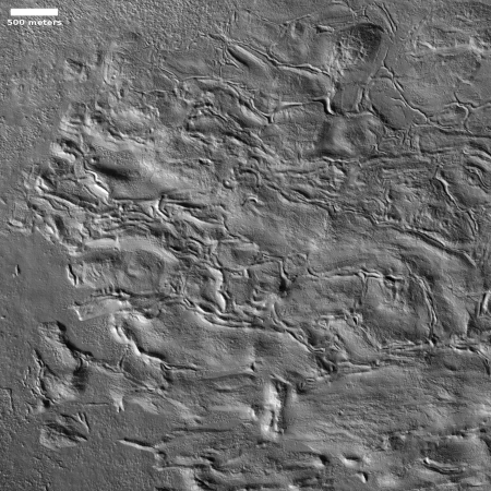 The corroding glacial floor of a Martian crater